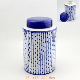 biały ceramiczny kanister zestaw niebieski ręcznie malowane paski